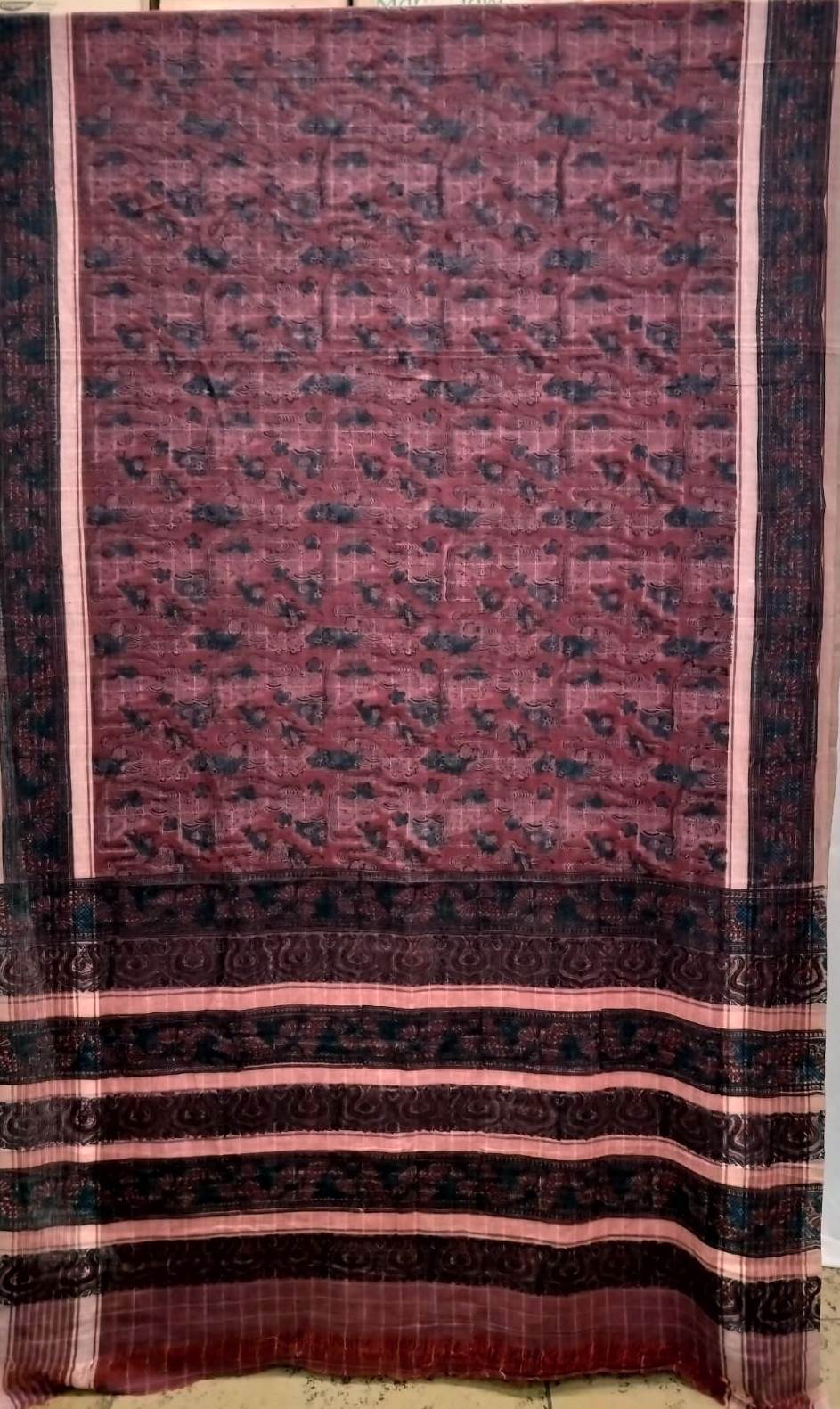 AJRAKH SAREE WITH RUMAL CHECK : INDIGO : BLACK : MADDER : KORA