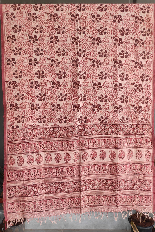 KALAMKARI DUPATTA : ALIZARIN RED : BROWN : BEIGE