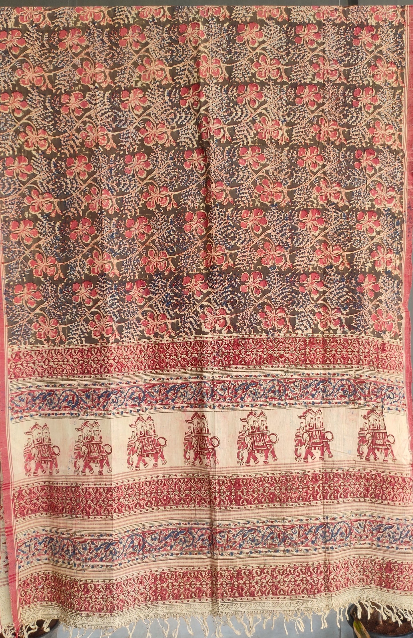 KALAMKARI DUPATTA : ALIZARIN RED : OLIVE GREEN : INDIGO