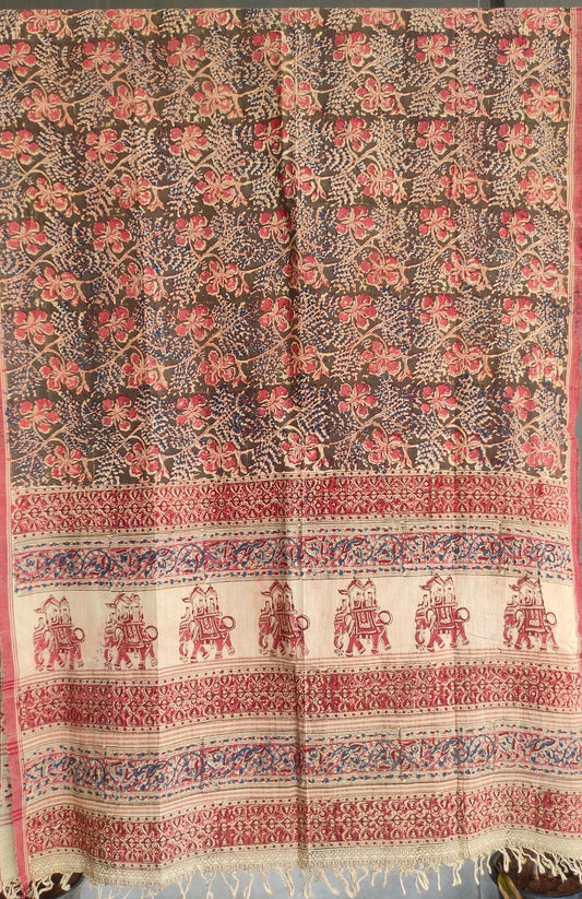 KALAMKARI DUPATTA : ALIZARIN RED : OLIVE GREEN : INDIGO