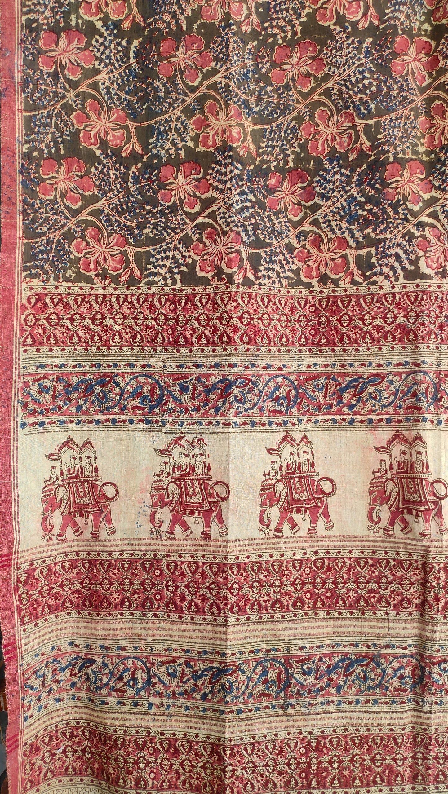KALAMKARI DUPATTA : ALIZARIN RED : OLIVE GREEN : INDIGO