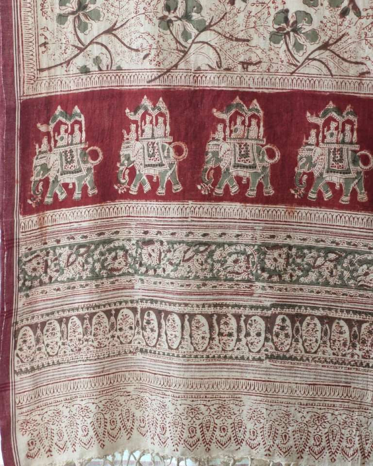 KALAMKARI DUPATTA : KATHA BROWN : BLACK :LIGHT MEHNDI GREEN