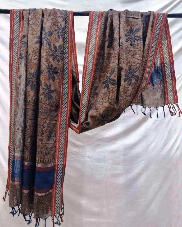 KALAMKARI DUPATTA : KATHA BROWN : BLACK : INDIGO BLUE :ALIZARIN :MANJISTA