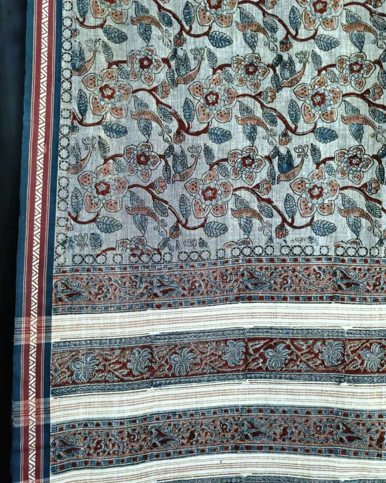 KALAMKARI SAREE :ALIZARIN RED: LIGHT INDIGO : MANJISTHA