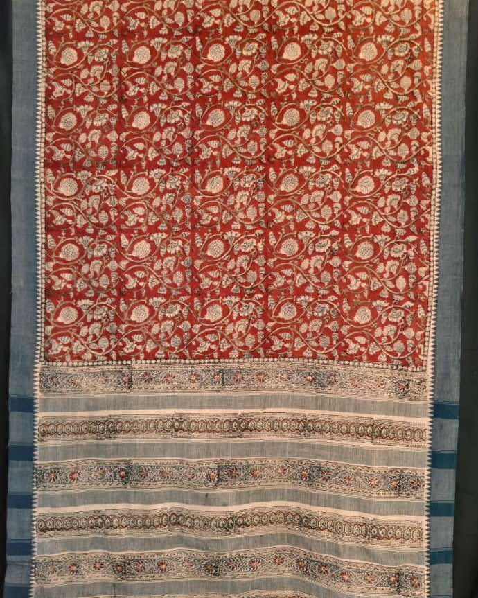 KALAMKARI SAREE :ALIZARIN RED: LIGHT INDIGO : OLIVE GREEN