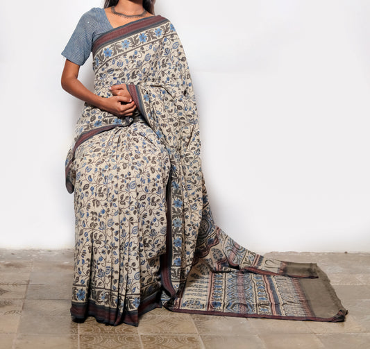 AJRAKH SAREE : KORA : DARK INDIGO : MEHNDI GREEN