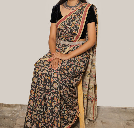 KALAMKARI SAREE : BLACK : MANJISHTHA BRICK RED : ANAR YELLOW