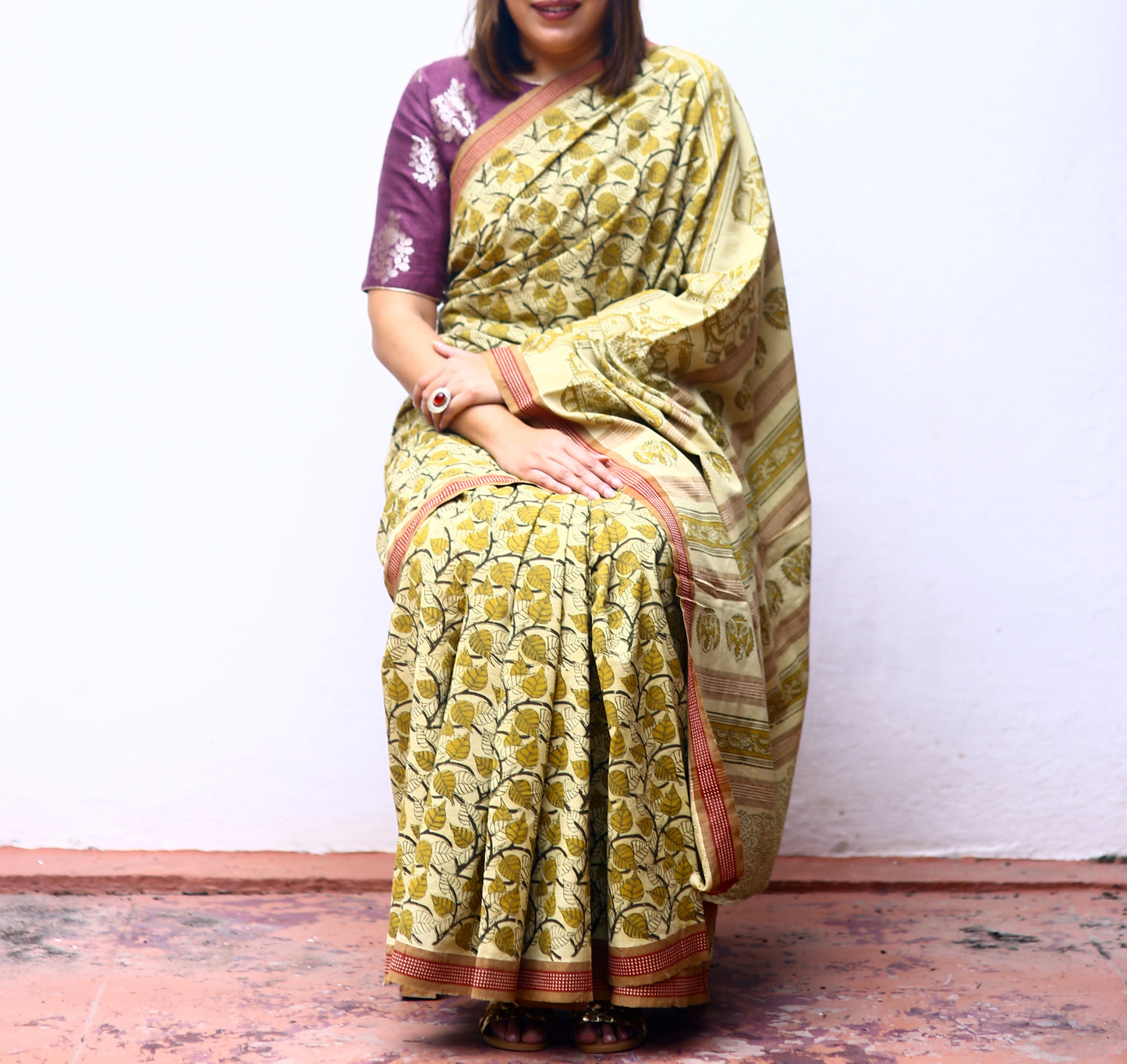 KALAMKARI SAREE : KORA : ANAR YELLOW : MEHNDI GREEN