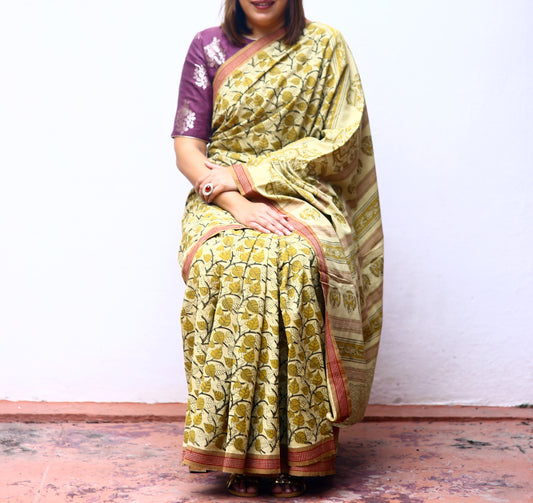 KALAMKARI SAREE : KORA : ANAR YELLOW : MEHNDI GREEN
