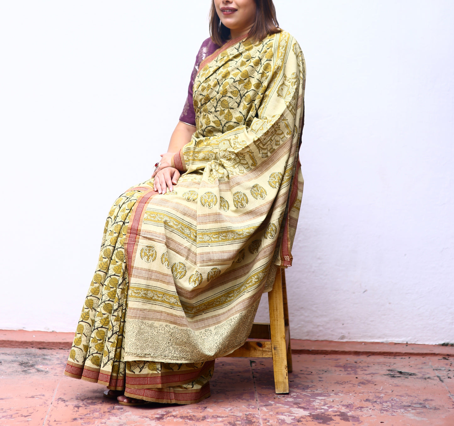 KALAMKARI SAREE : KORA : ANAR YELLOW : MEHNDI GREEN