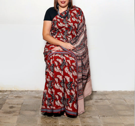 KALAMKARI SAREE : ALIZARIN RED : BLACK
