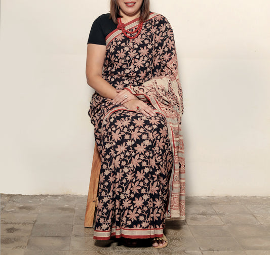 KALAMKARI SAREE : BLACK : ALIZARIN RED