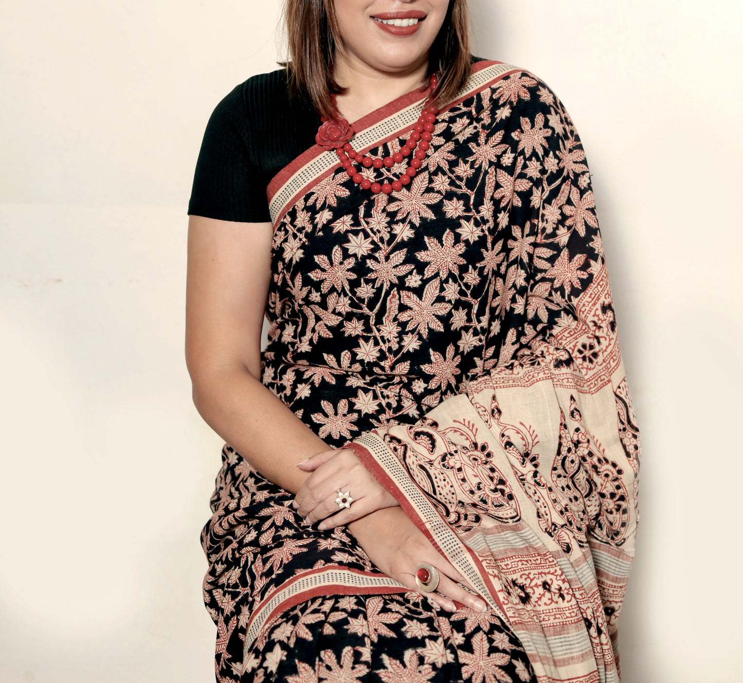 KALAMKARI SAREE : BLACK : ALIZARIN RED