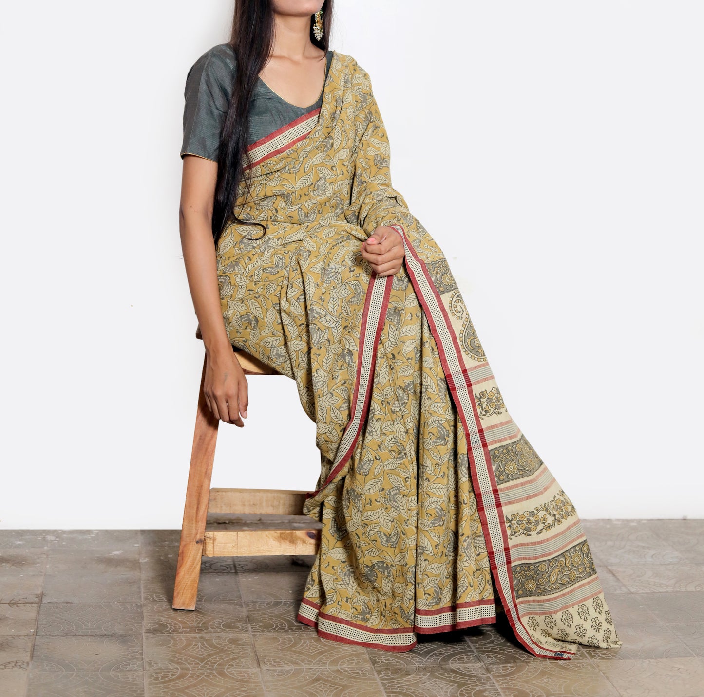 KALAMKARI SAREE : ANAR YELLOW : LIGHT MEHNDI GREEN : KORA