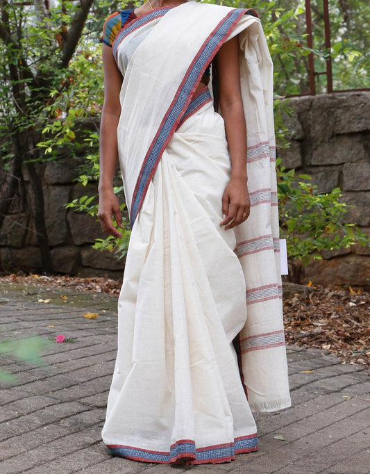 Malkha Natural Dyed Handlooms -SOLID SAREE : KORA : DARK INDIGO : ALIZARIN RED