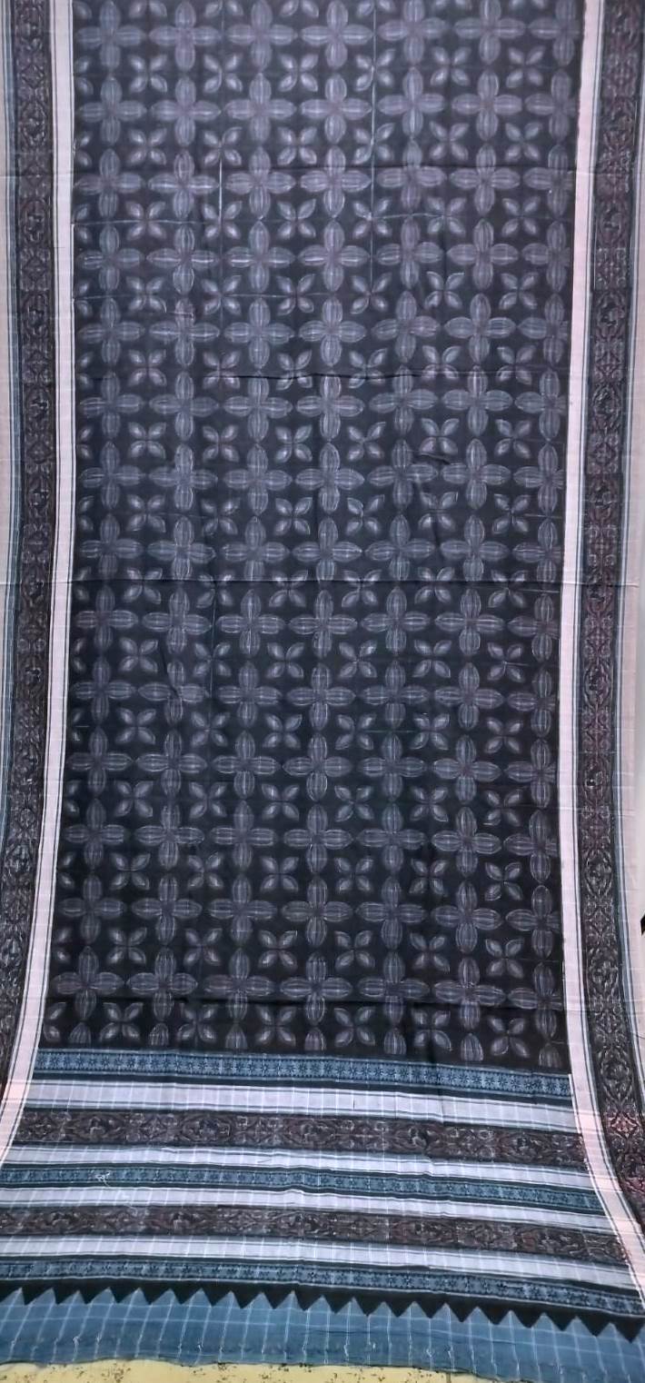 AJRAKH SAREE WITH RUMAL CHECK : INDIGO :  KORA  MADDER : BLACK