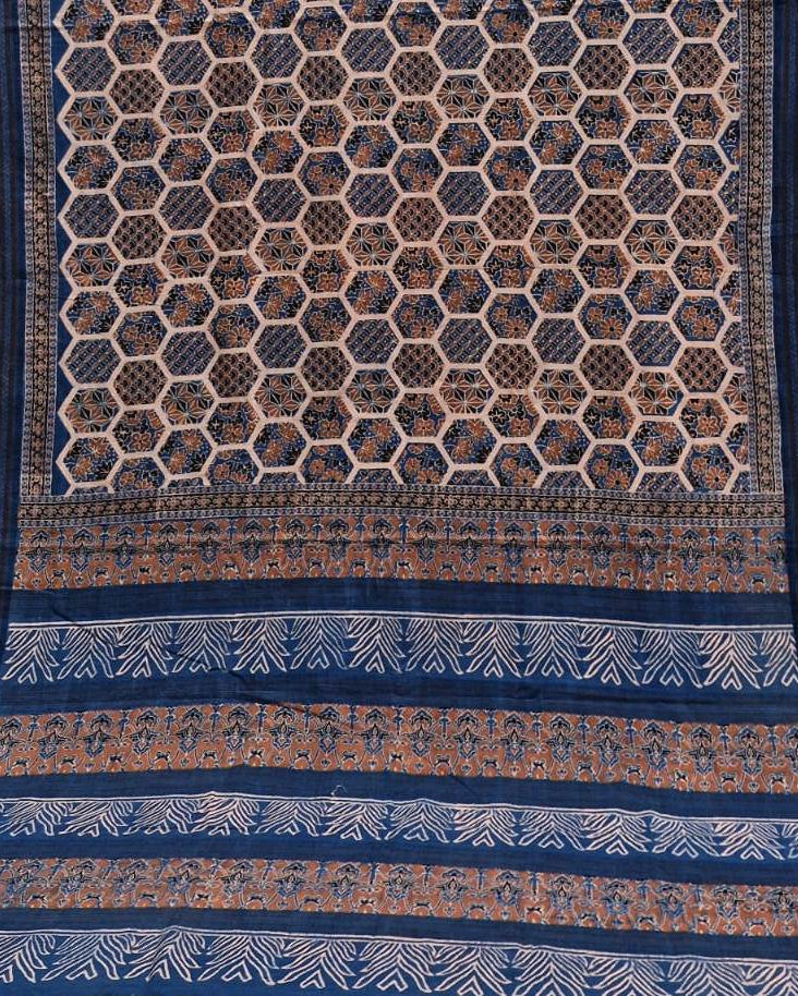AJRAKH SAREE : INDIGO : BRICK RED  : BLACK