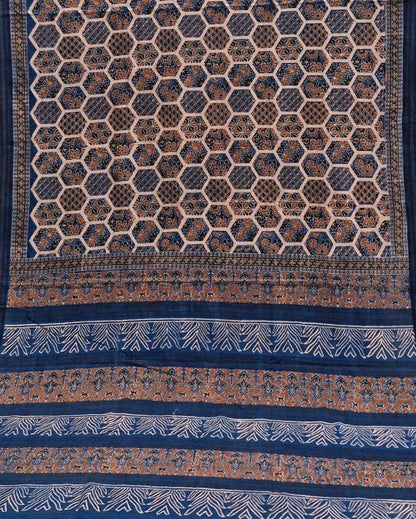 AJRAKH SAREE : INDIGO : BRICK RED  : BLACK
