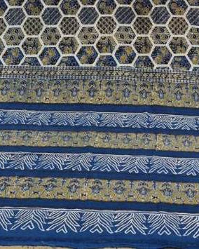 A close-up of a patterned textile or rug showing a navy blue and gold design with white geometric and floral motifs.