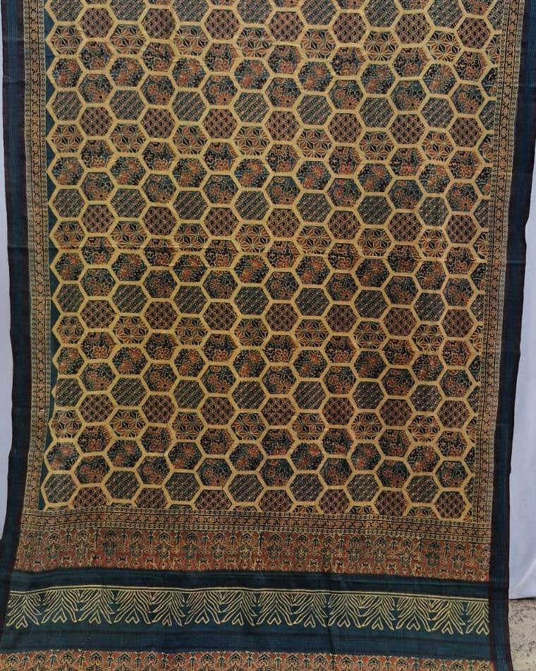 AJRAKH SAREE  INDIGO GREEN :ANAR YELLOW : MANJISTA  BRICK RED  : BLACK