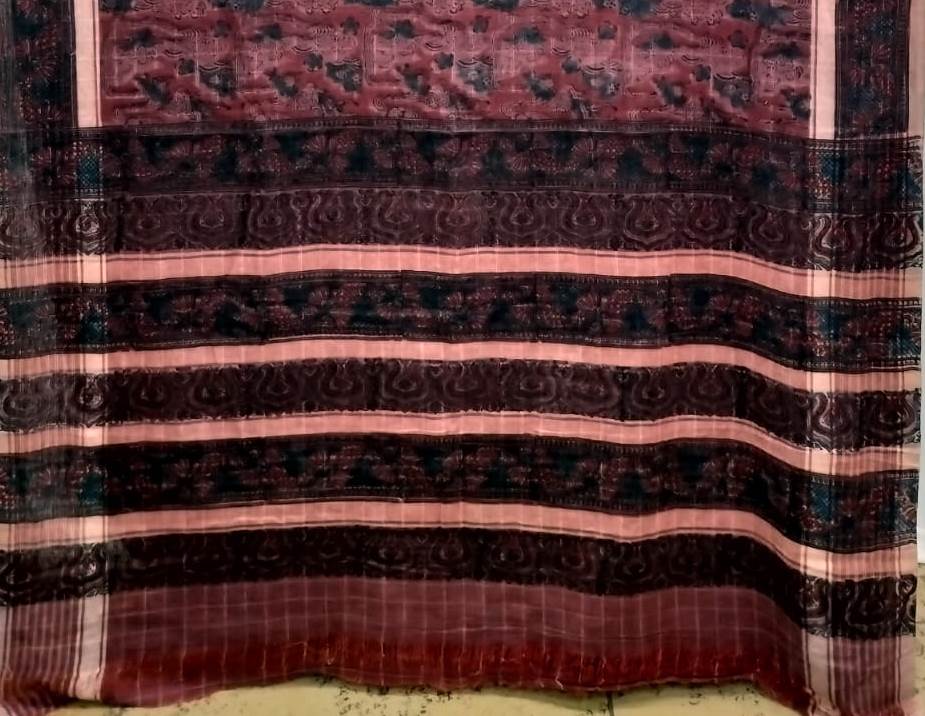 AJRAKH SAREE WITH RUMAL CHECK : INDIGO :  BLACK : MADDER  : KORA