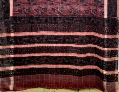 AJRAKH SAREE WITH RUMAL CHECK : INDIGO :  BLACK : MADDER  : KORA