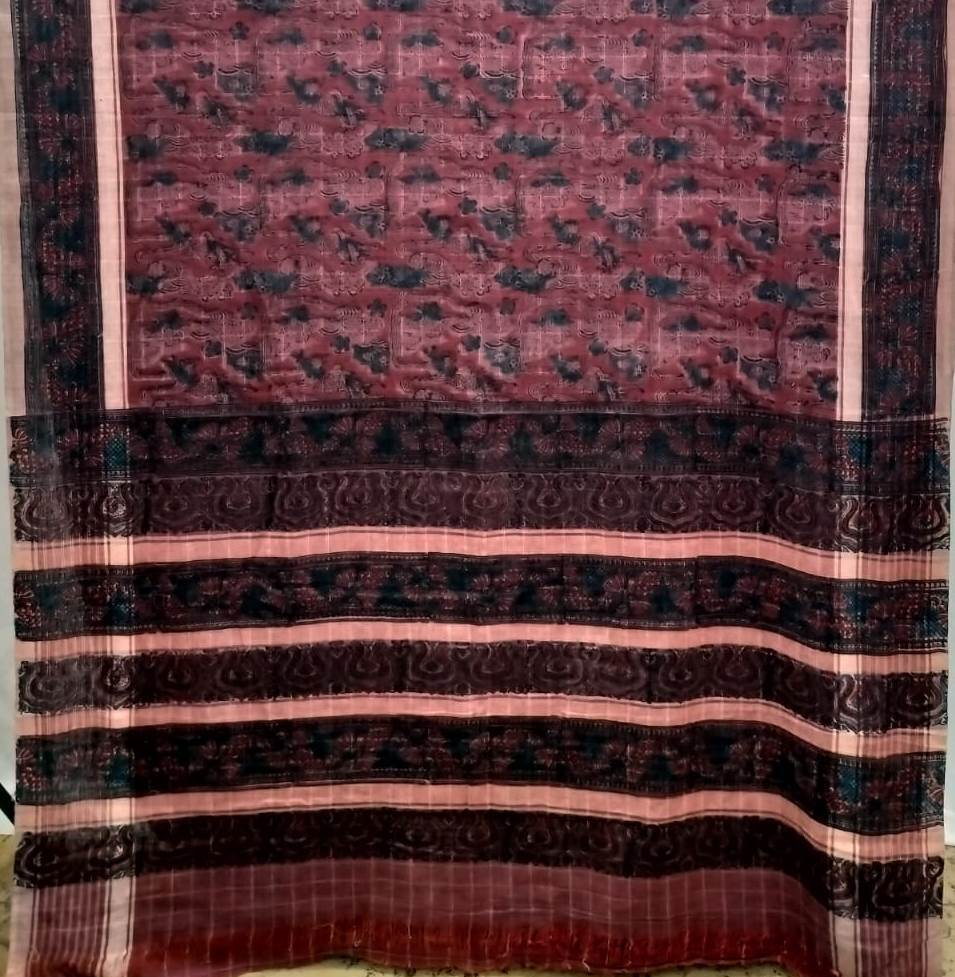 AJRAKH SAREE WITH RUMAL CHECK : INDIGO :  BLACK : MADDER  : KORA