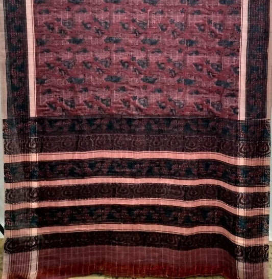 AJRAKH SAREE WITH RUMAL CHECK : INDIGO :  BLACK : MADDER  : KORA