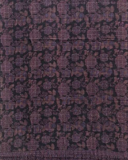 A square piece of dark purple and black patterned fabric with intricate floral and geometric motifs, finished with a decorative border.