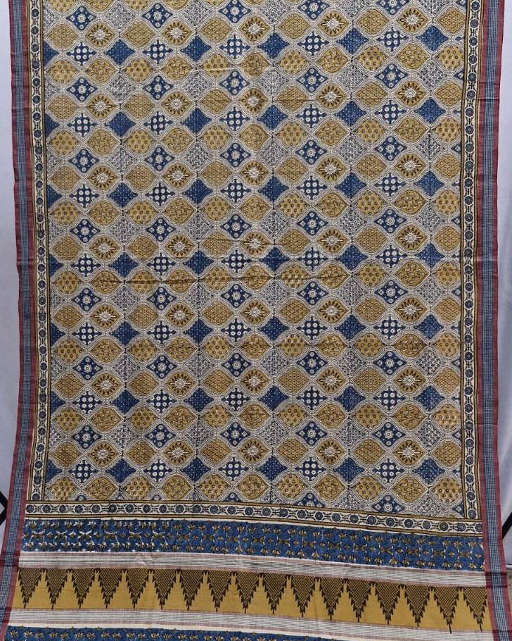 AJRAKH SAREE : INDIGO : ANAR YELLOW : BLACK