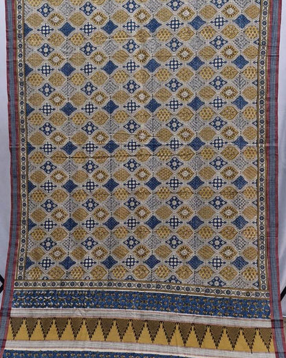 AJRAKH SAREE : INDIGO : ANAR YELLOW : BLACK
