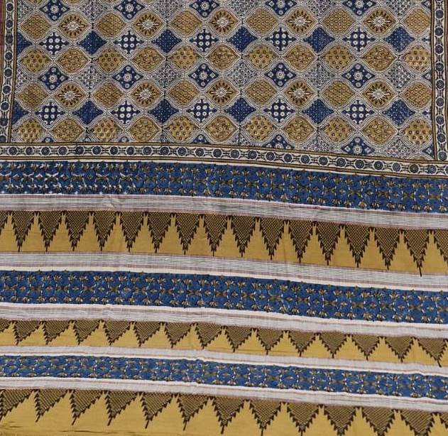 AJRAKH SAREE : INDIGO : ANAR YELLOW : BLACK