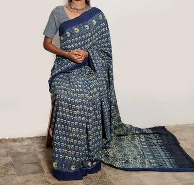 AJRAKH SAREE : DARK INDIGO : BLACK : ANAR YELLOW.