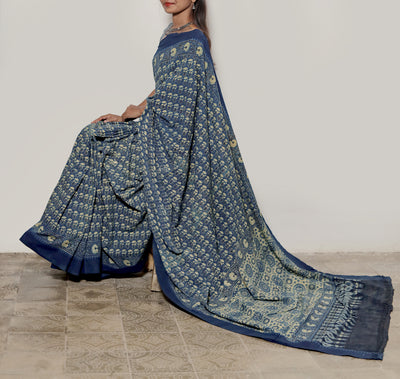 AJRAKH SAREE : DARK INDIGO : BLACK : ANAR YELLOW.