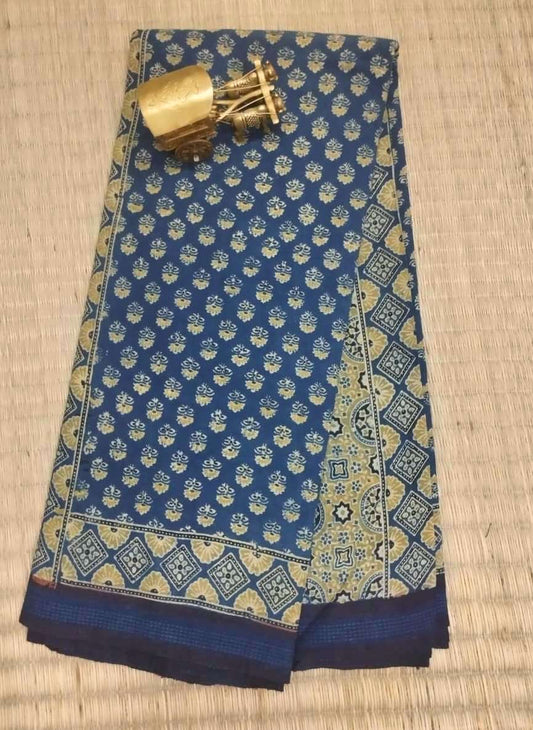 AJRAKH SAREE : INDIGO BLUE : BLACK : ANAR YELLOW