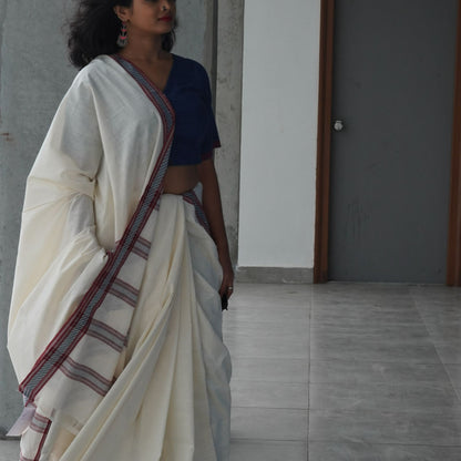 SOLID SAREE : KORA :  ALIZARIN RED : DARK INDIGO