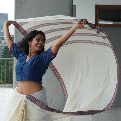 SOLID SAREE : KORA :  ALIZARIN RED : DARK INDIGO