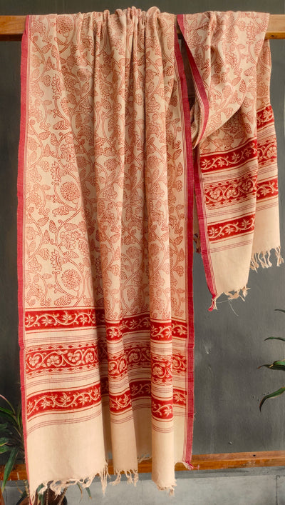 KALAMKARI DUPATTA : ALIZARIN RED : BEIGE