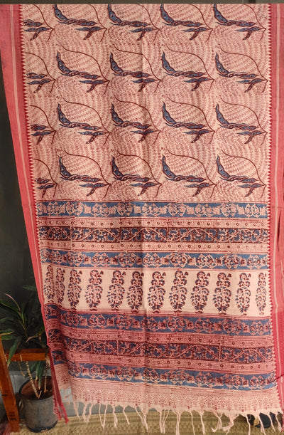 KALAMKARI DUPATTA : ALIZARIN RED : INDIGO : BEIGE