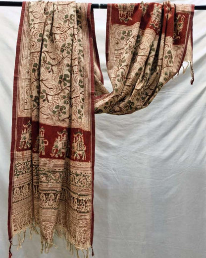 KALAMKARI DUPATTA : KATHA BROWN : BLACK :LIGHT MEHNDI GREEN