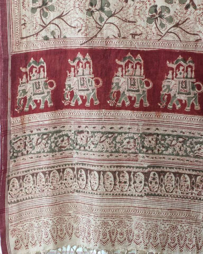 KALAMKARI DUPATTA : KATHA BROWN : BLACK :LIGHT MEHNDI GREEN