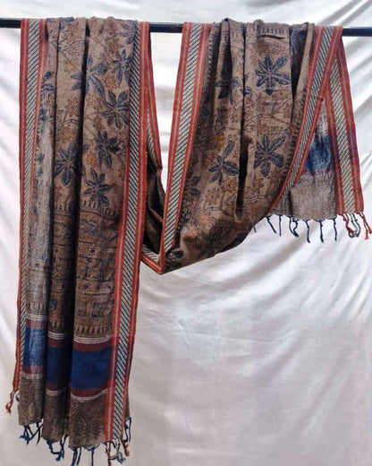 KALAMKARI DUPATTA : KATHA BROWN : BLACK : INDIGO BLUE :ALIZARIN :MANJISTA