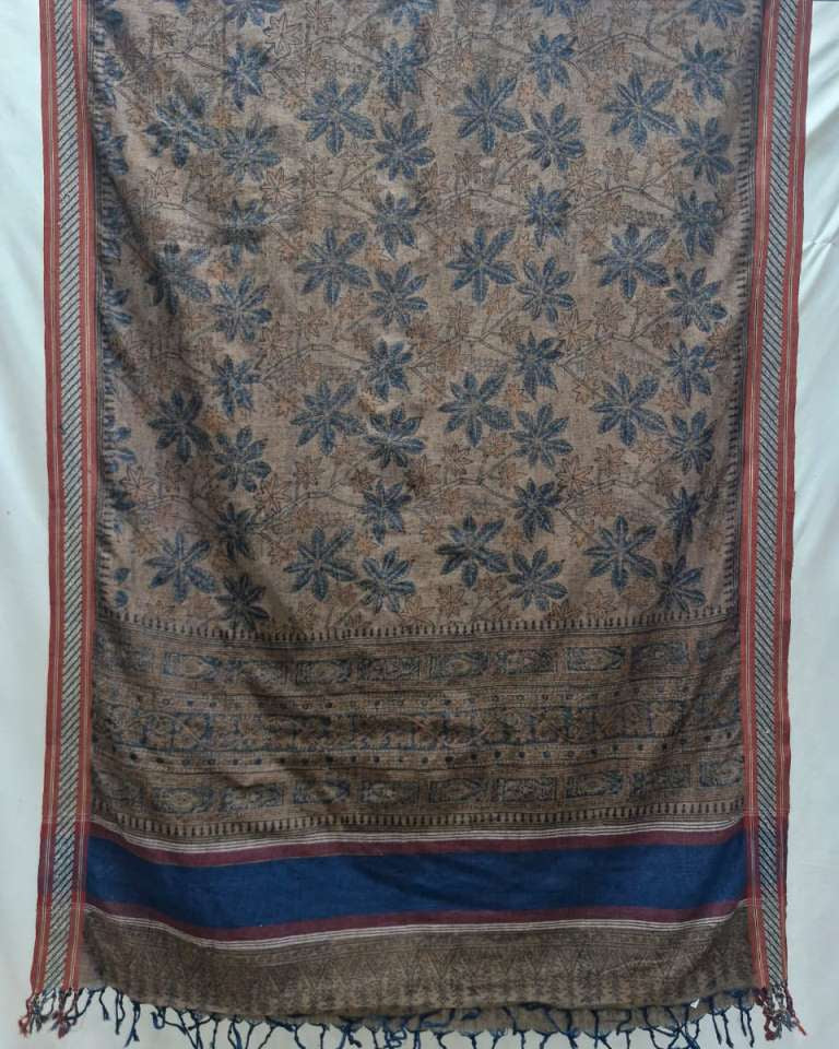 KALAMKARI DUPATTA : KATHA BROWN : BLACK : INDIGO BLUE :ALIZARIN :MANJISTA