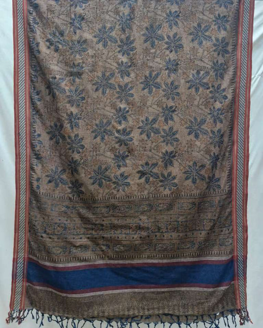 KALAMKARI DUPATTA : KATHA BROWN : BLACK : INDIGO BLUE :ALIZARIN :MANJISTA