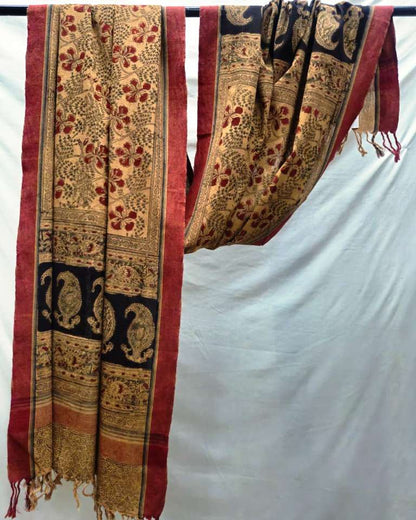 KALAMKARI DUPATTA : ALIZARIN RED : BLACK : OLIVE GREEN