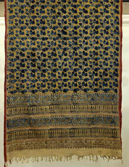KALAMKARI DUPATTA : DARK INDIGO : ANAR YELLOW