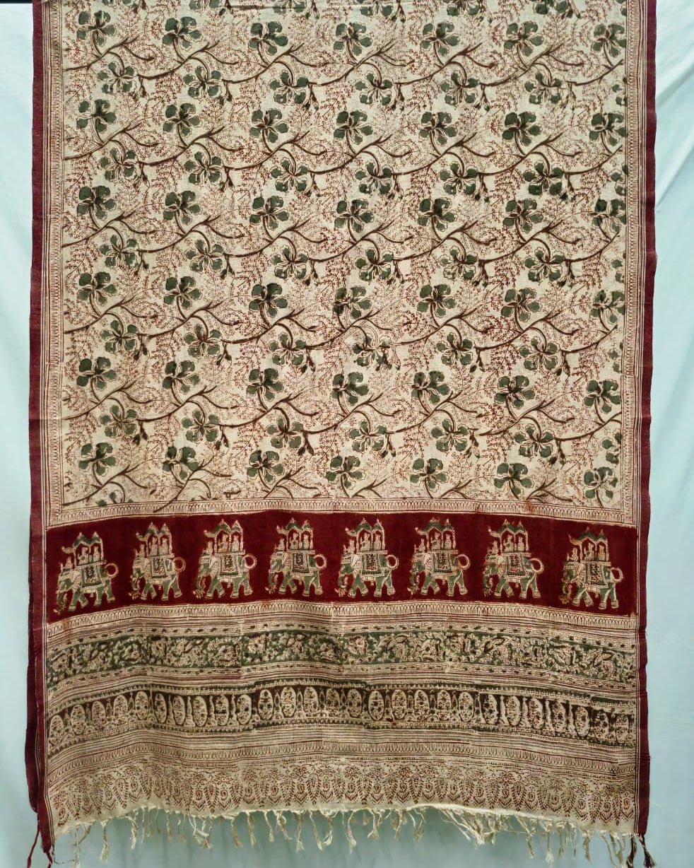 KALAMKARI DUPATTA : KATHA BROWN : BLACK :LIGHT MEHNDI GREEN