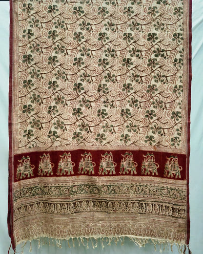 KALAMKARI DUPATTA : KATHA BROWN : BLACK :LIGHT MEHNDI GREEN