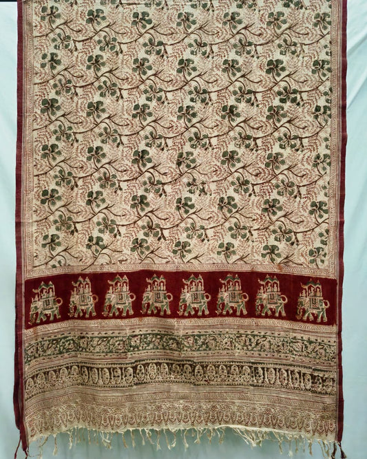 KALAMKARI DUPATTA : KATHA BROWN : BLACK :LIGHT MEHNDI GREEN
