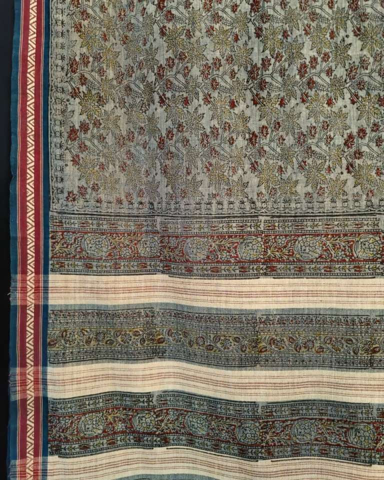 KALAMKARI SAREE : INDIGO : ANAR YELLOW :KATHA BROWN :BLACK